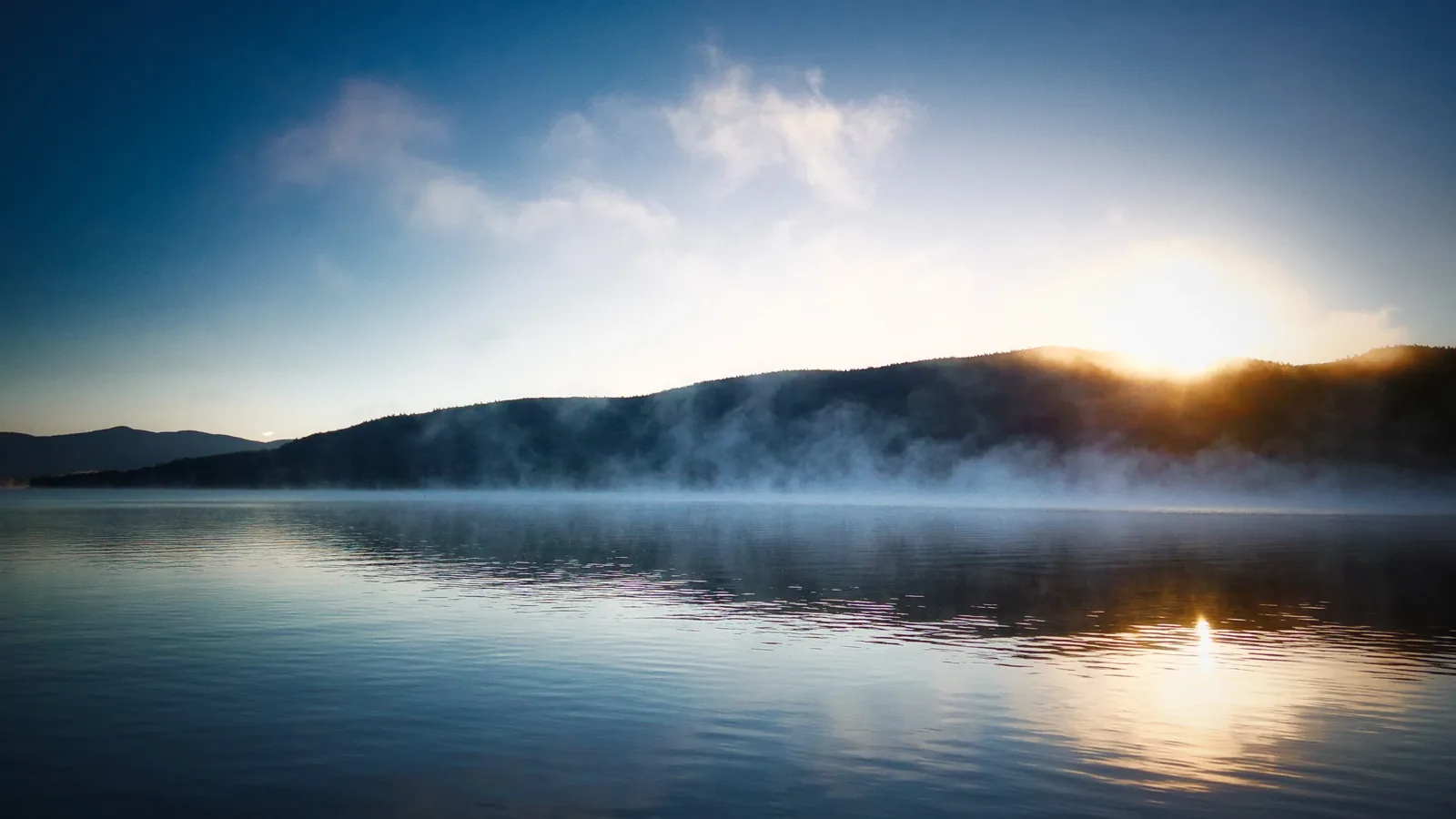 Mist over a still lake at dawn