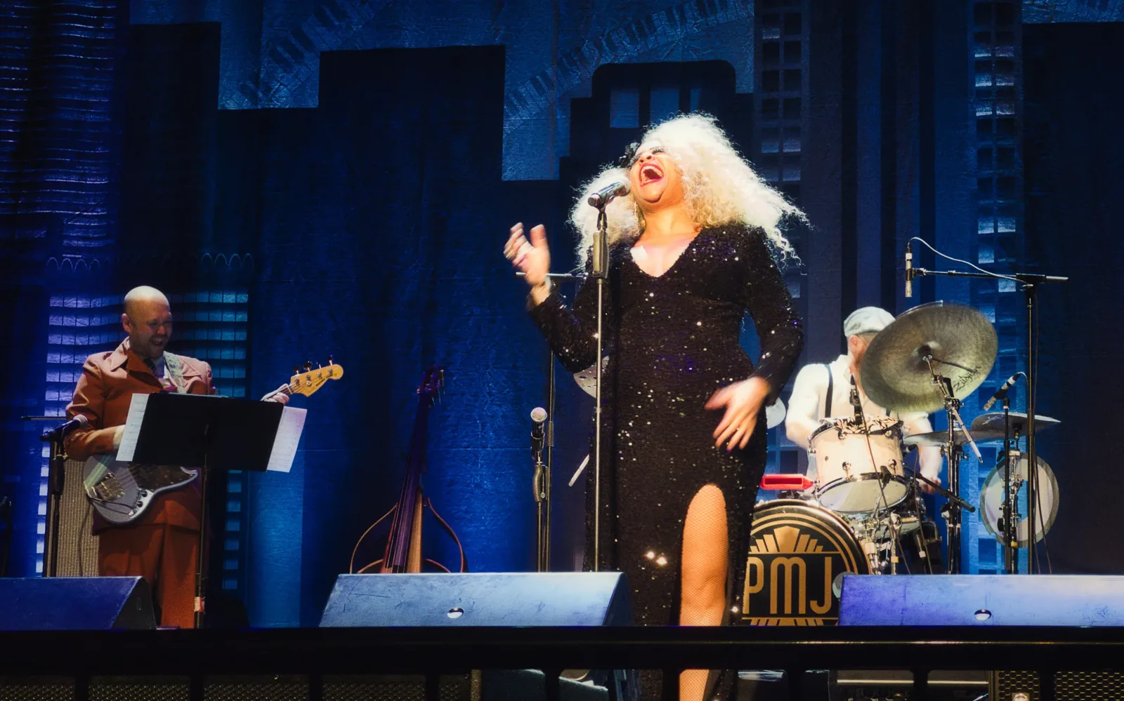 A vocalist performing under stage light