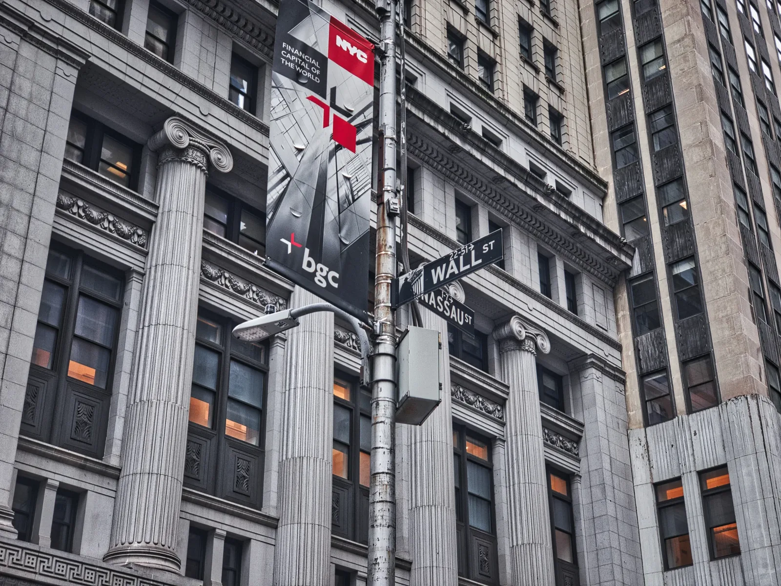 Ornate architecture on Wall Street, seen from below